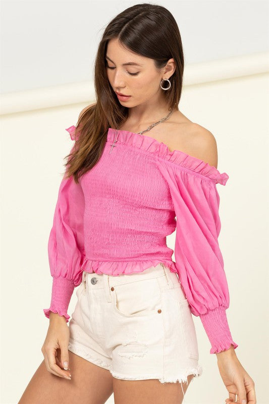 Irresistibly Chic Smocked Off-the-Shoulder Top-Pink-Avah