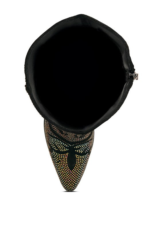 Destiny Rhinestone Embellished Calf Boots-Black-AVAH