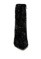 Front view of black lace ankle boot with spool heel