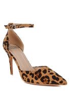 front angled view of leopard print ankle strap stiletto heel
