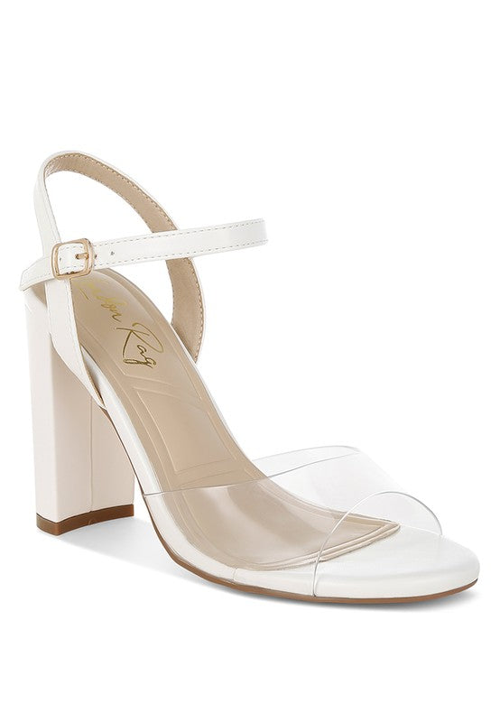 White high-heeled shoe with clear transparent strap 