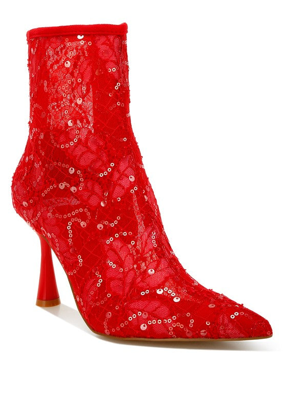 Red lace sequin ankle boot with pointed toe and spool heel
