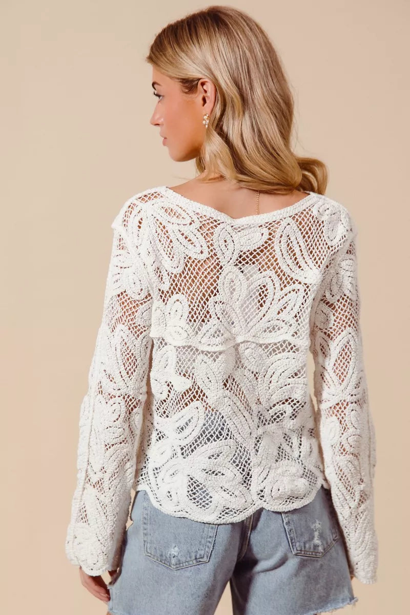 Back view of ivory open knit lace cardigan with floral crochet detailing
