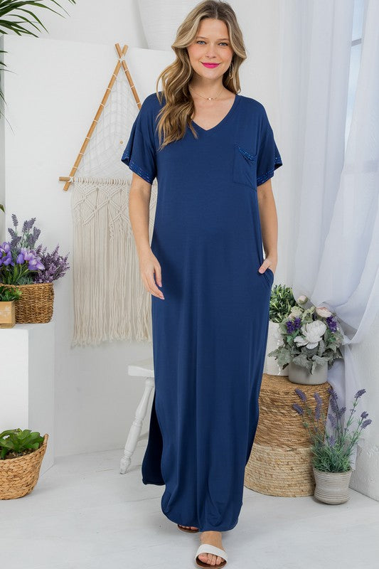 V-Neck Rhinestone Detail Summer Maxi Dress-Avah Couture