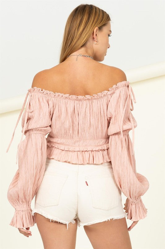 AVAH-Blushing Beauty Off The Shoulder Long Sleeve Blouse-Peach