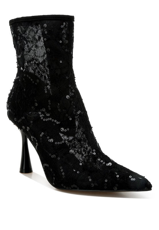 Black sheer lace ankle boot with sequin detail and pointed toe
