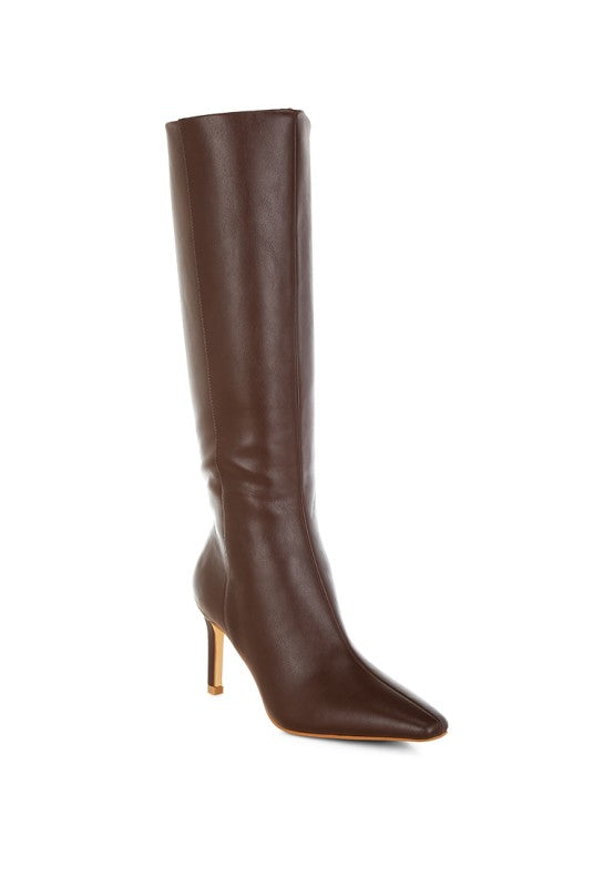Front view of brown faux leather stiletto knee-high boot with snip toe.
