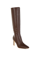 Front view of brown faux leather stiletto knee-high boot with snip toe.
