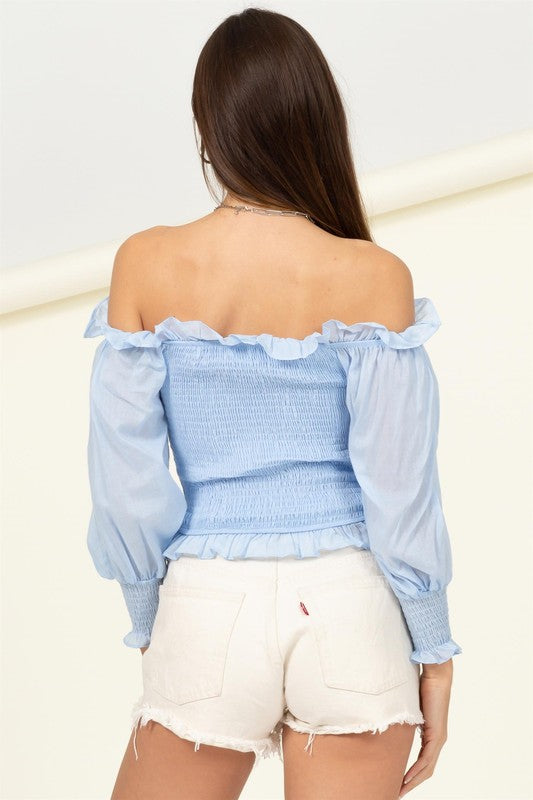 Irresistibly Chic Smocked Off-the-Shoulder Top-Light Blue-Avah