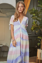 Paint The Town V-Neck Short Sleeve Maxi Dress-Lilac Multi-Avah Couture