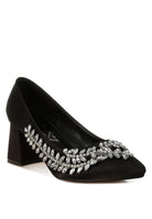 Black satin block heel with crystal embellishment, angled front
