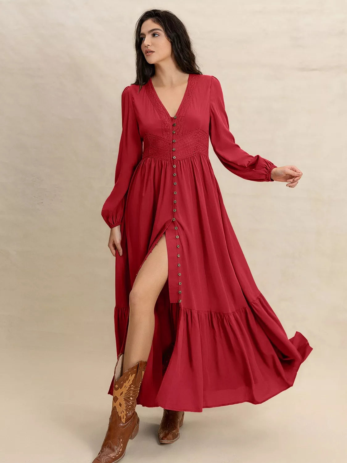 Scarlett Grace Button Front Maxi Dress in deep scarlet red — styled full-length view, model standing.