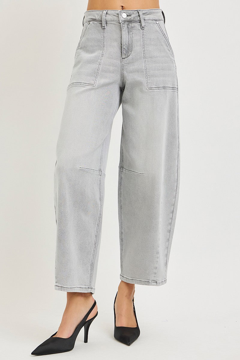 Front view of grey barrel leg jeans with patch pockets and contrast stitching, AVAH