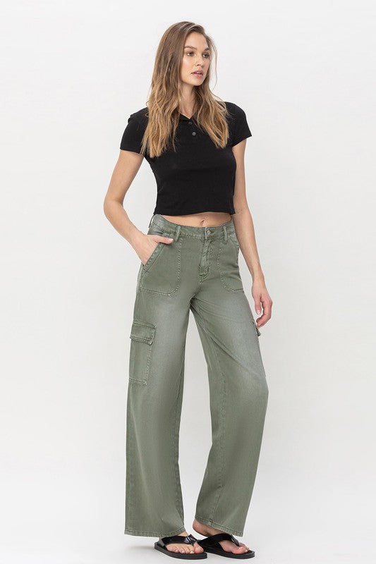 Savannah High Rise Utility Cargo Jeans-Army Green-Avah