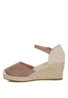 Taupe wedge espadrille with woven heel detail and microfiber upper – side view