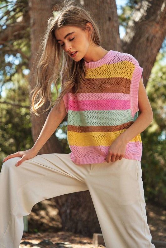 AVAH-Coastal Breeze Crochet Sweater Vest-Pink Stripe