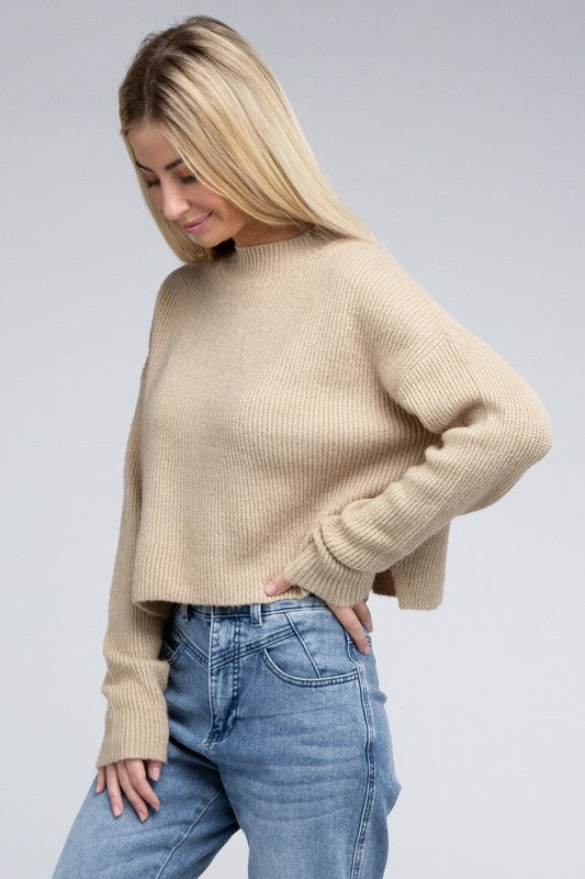 Sophisticated Warmth Mock Neck Pullover Sweater-Khaki-Avah