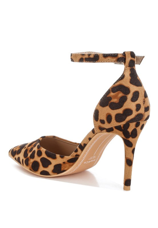 back angled view of leopard pointed toe heel showing ankle strap
