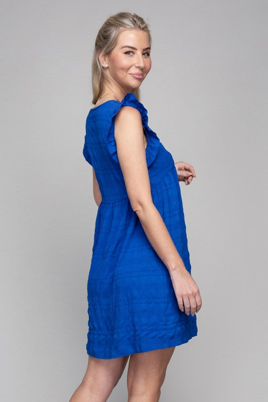 AVAH-Blue Breeze V-Neck Ruffle Sleeve Dress