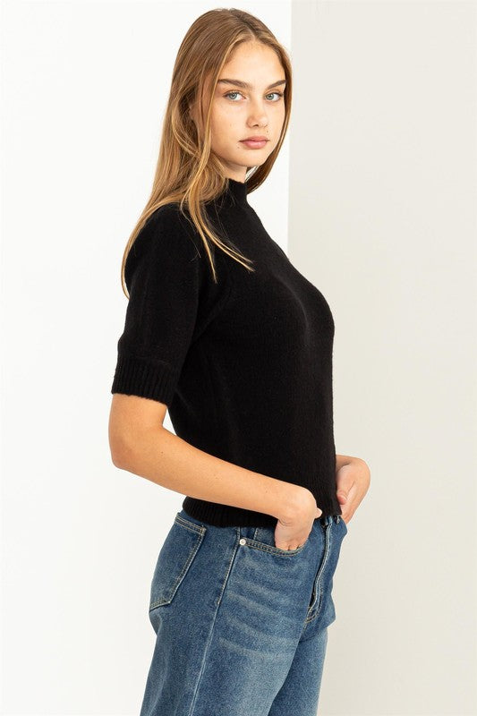 Favor Puff Sleeve Sweater-High Neck-Short Sleeve-Black-Avah