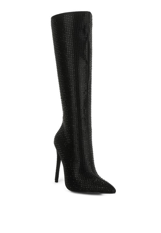 Pipette Diamante Set High Heeled Calf Boot -Black-Avah