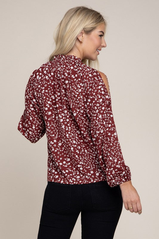 Behold The Beauty Ditsy Floral Long Sleeve Red Blouse With Split Shoulder-Avah
