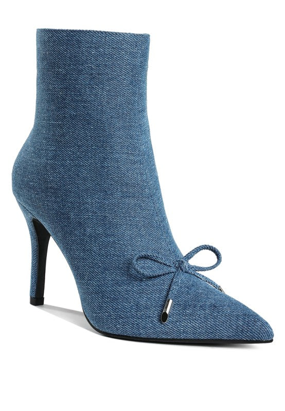 angled view of blue denim stiletto ankle boot with bow detail and pointed toe-AVAH