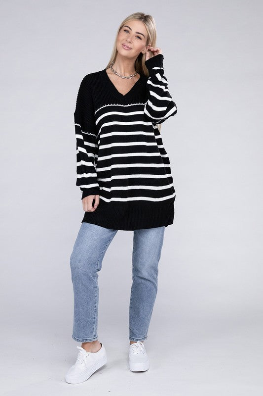 Trina Striped Pattern Knit Pullover Sweater - Black-Avah