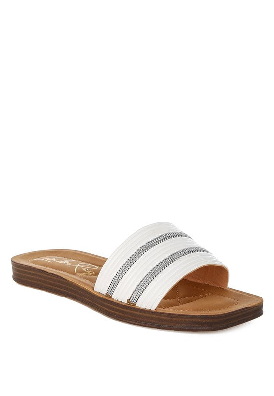 White faux leather slide sandals with chic silver zipper trim and ribbed vamp.