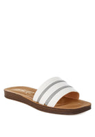 White faux leather slide sandals with chic silver zipper trim and ribbed vamp.