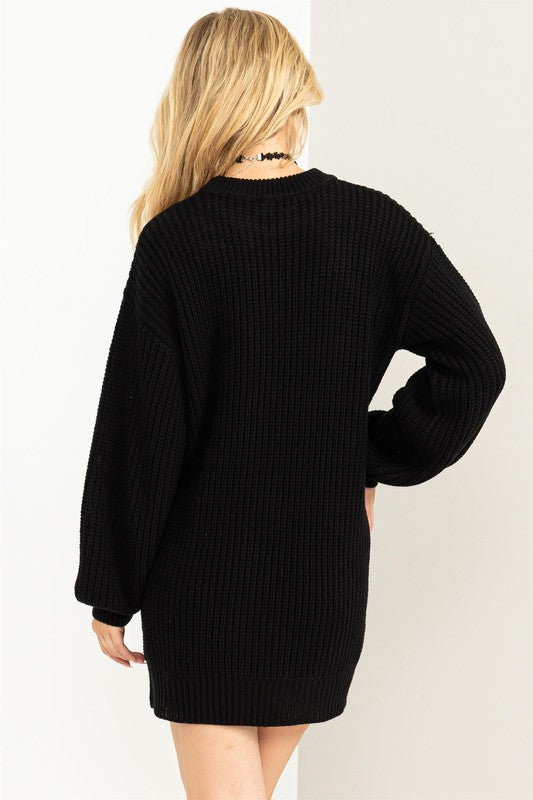 Cable-Knit Ribbed Sweater Dress-Black-Avah