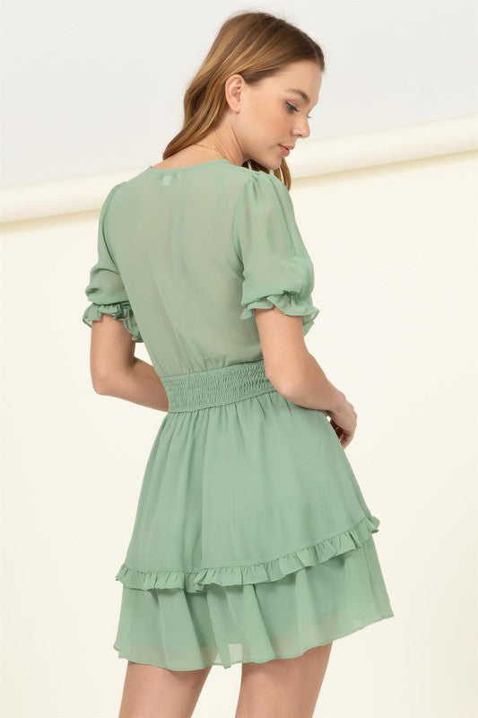 AVAH-Lacey V-Neck Ruffle Mini Dress-Jade Green