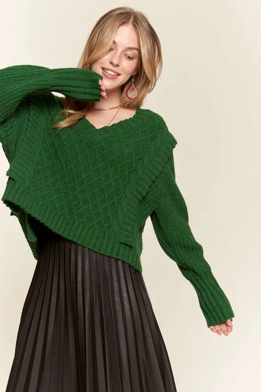 Emerald Isle Cable Knit Sweater in rich green with diamond knit texture, V neckline and layered shoulder detailing, front view.