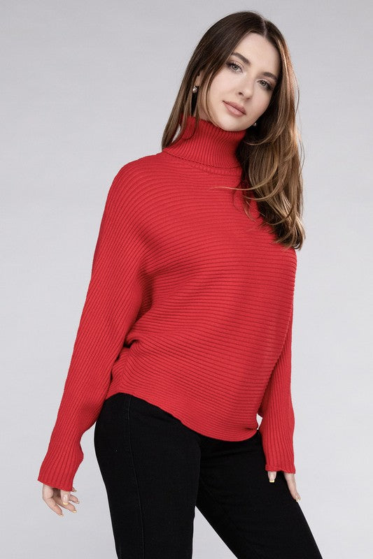 Polished Sophistication Dolman Sleeve Turtleneck Sweater-Red-Avah