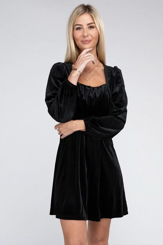Enchanted Evening Long Sleeve Black Velvet Mini Dress