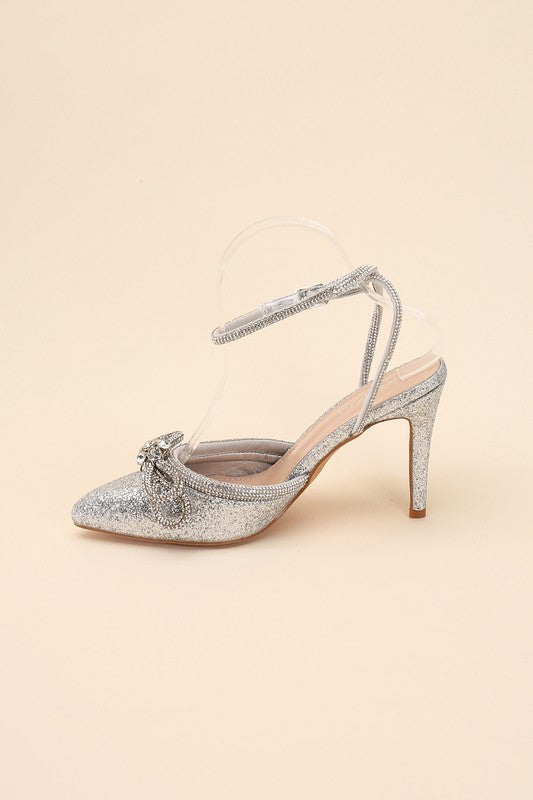 Sultry Nights Rhinestone Double Bow Heel-Silver-Avah