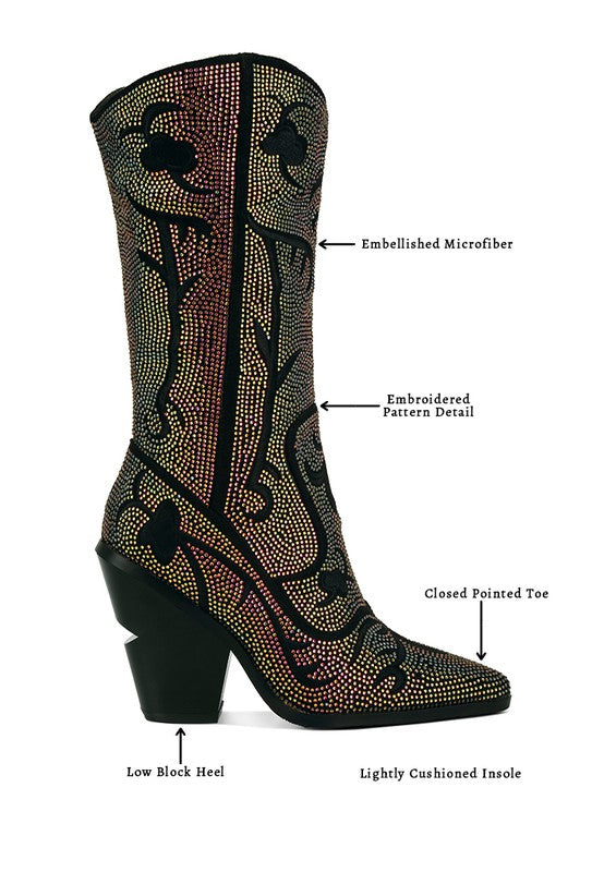 Destiny Rhinestone Embellished Calf Boots-Black-AVAH