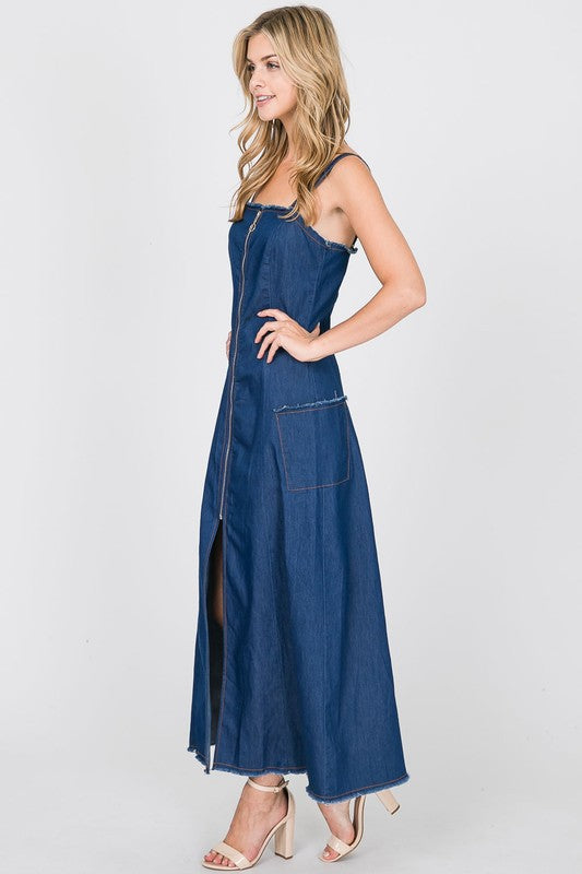 Hazel Denim Maxi Dress with Zip-Up Front - Dark Denim- Avah