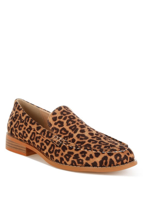Leopard print loafers with low block heel side view
