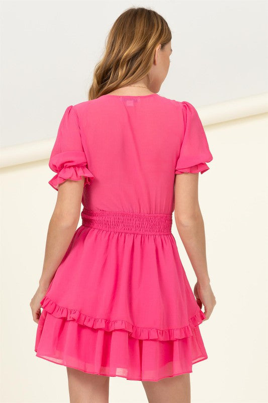 AVAH-Lacey V-Neck Ruffle Mini Dress-Fuchsia 