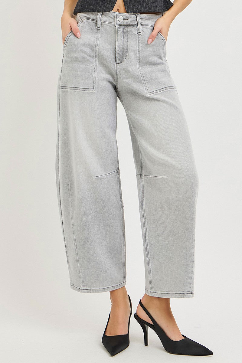 Front view of grey barrel leg jeans with patch pockets and contrast stitching, AVAH