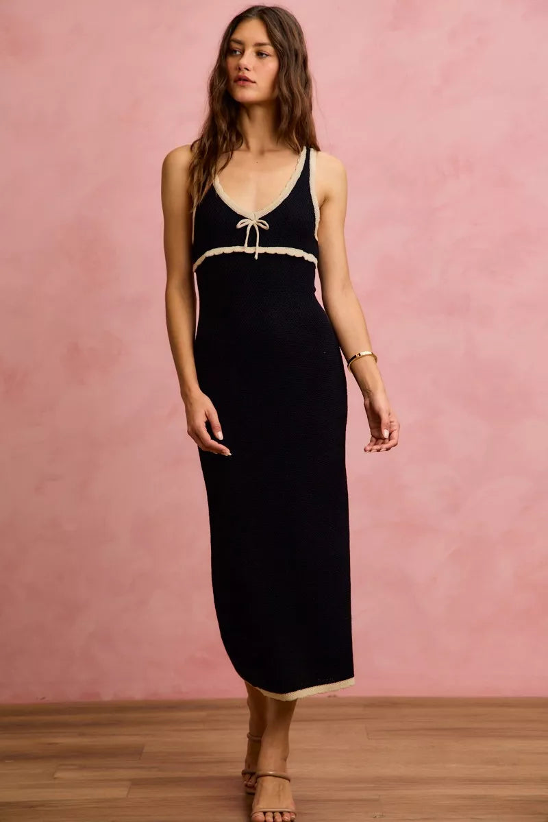 Modern Black with ivory piping  sleeveless bodycon maxi dress crafted from soft knit sweater fabric in 100% cotton front view