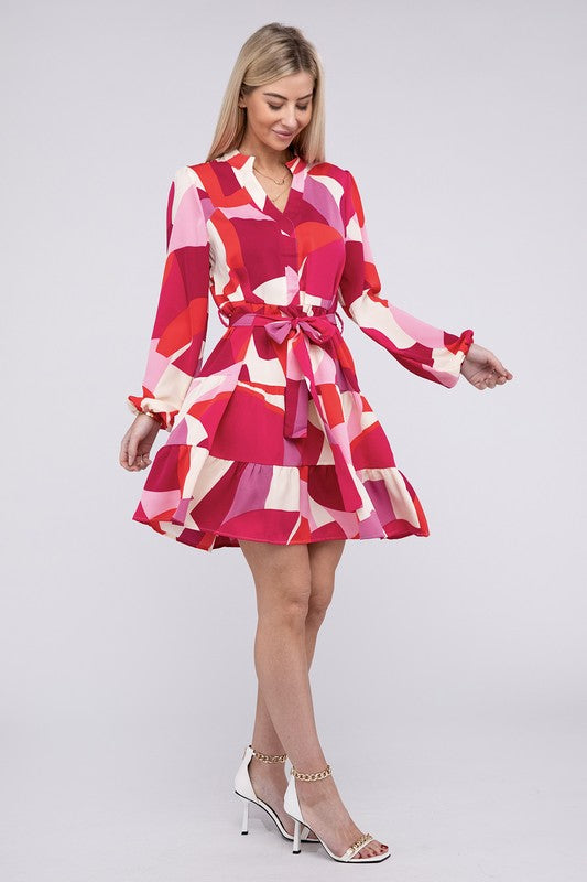 Abby Long Sleeve Belted Dress-Pink-Avah
