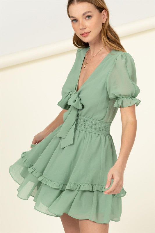 AVAH-Lacey V-Neck Ruffle Mini Dress-Jade Green