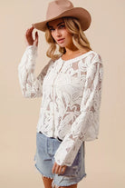 Side view of ivory lightweight crochet cardigan with long sleeves
