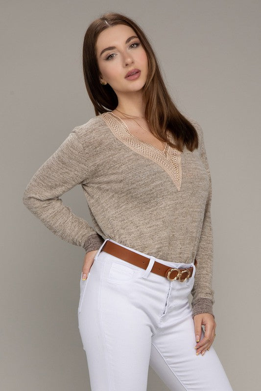 Inspire Beige Lace V Neck Top-Avah