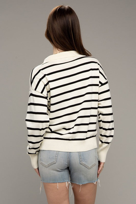 Senora Stripe Collared Knit Sweater-Ivory-Avah