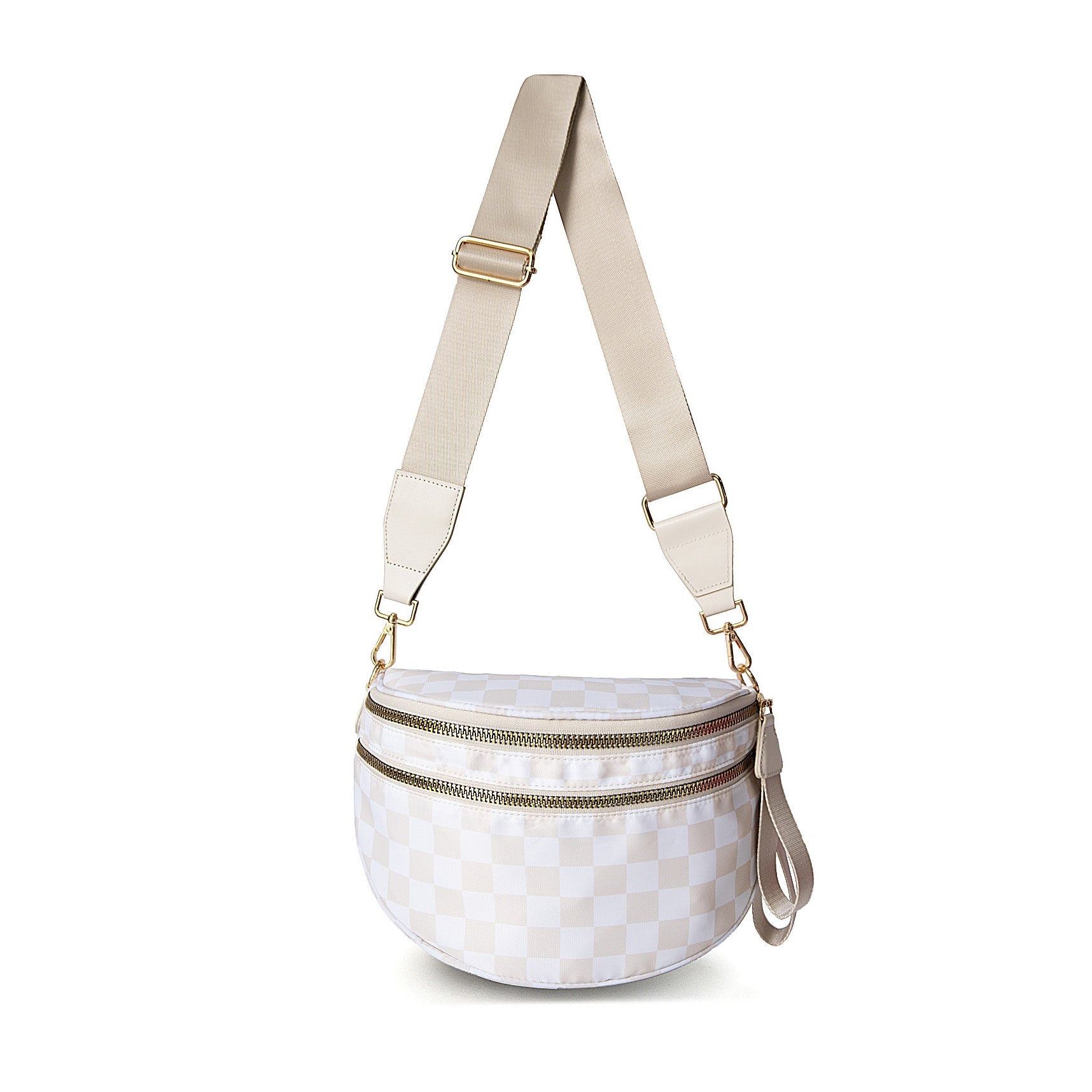 AVAH-almond checkered chic oversized sling bag with double zips and multiple pockets on a neutral background