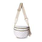 AVAH-almond checkered chic oversized sling bag with double zips and multiple pockets on a neutral background