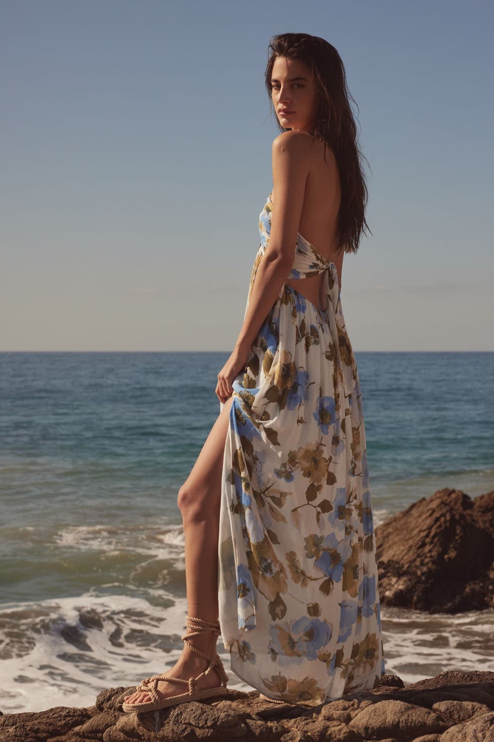 AVAH-Catalina Tassel Halter Floral Maxi Dress-Off White with Blue Floral